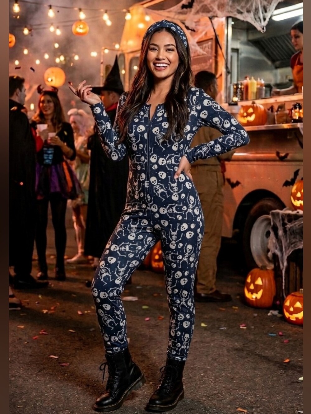 Halloween Womans Bodysuit With Headband Skeleton, Bats, Skulls, Or Pumpkins